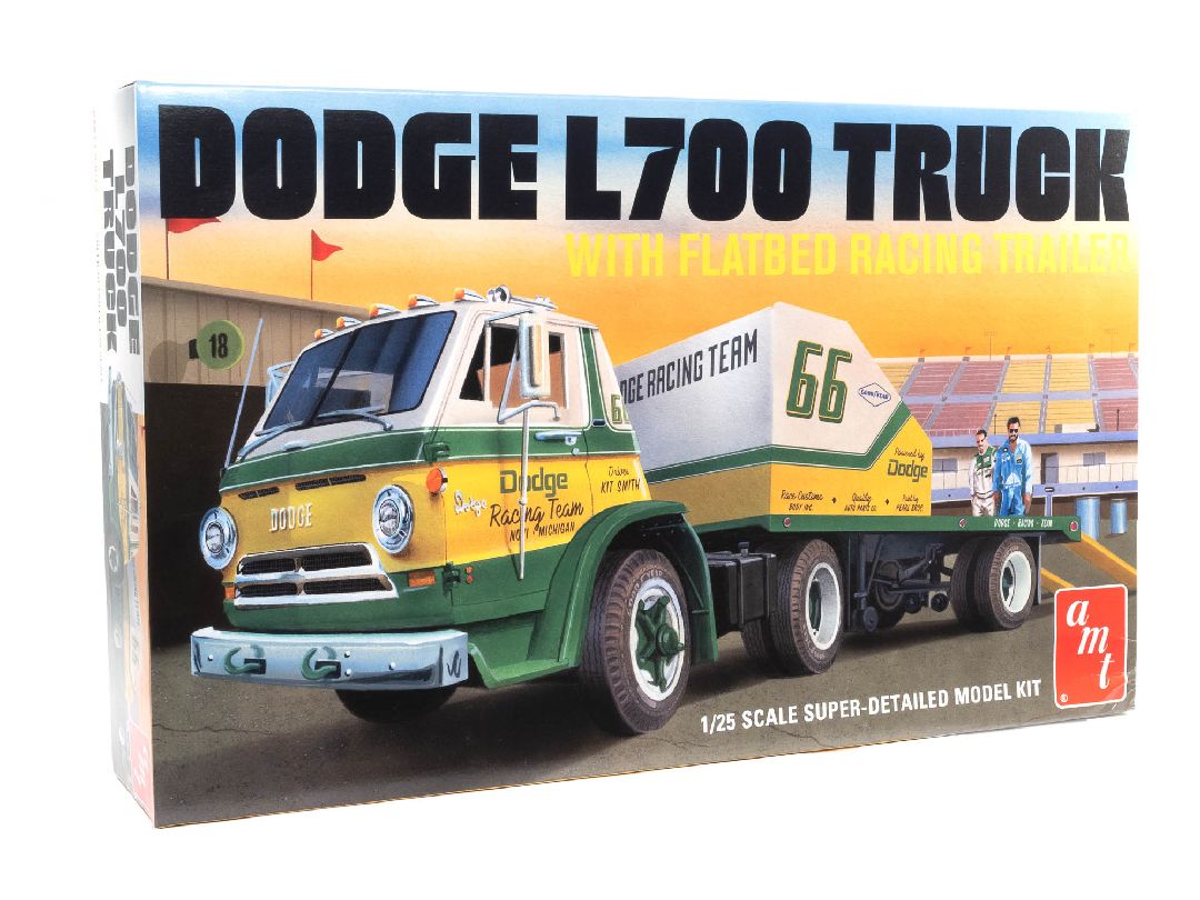 AMT 1/25 1966 Dodge L700 Truck w/ Flatbed Racing Trailer - Click Image to Close