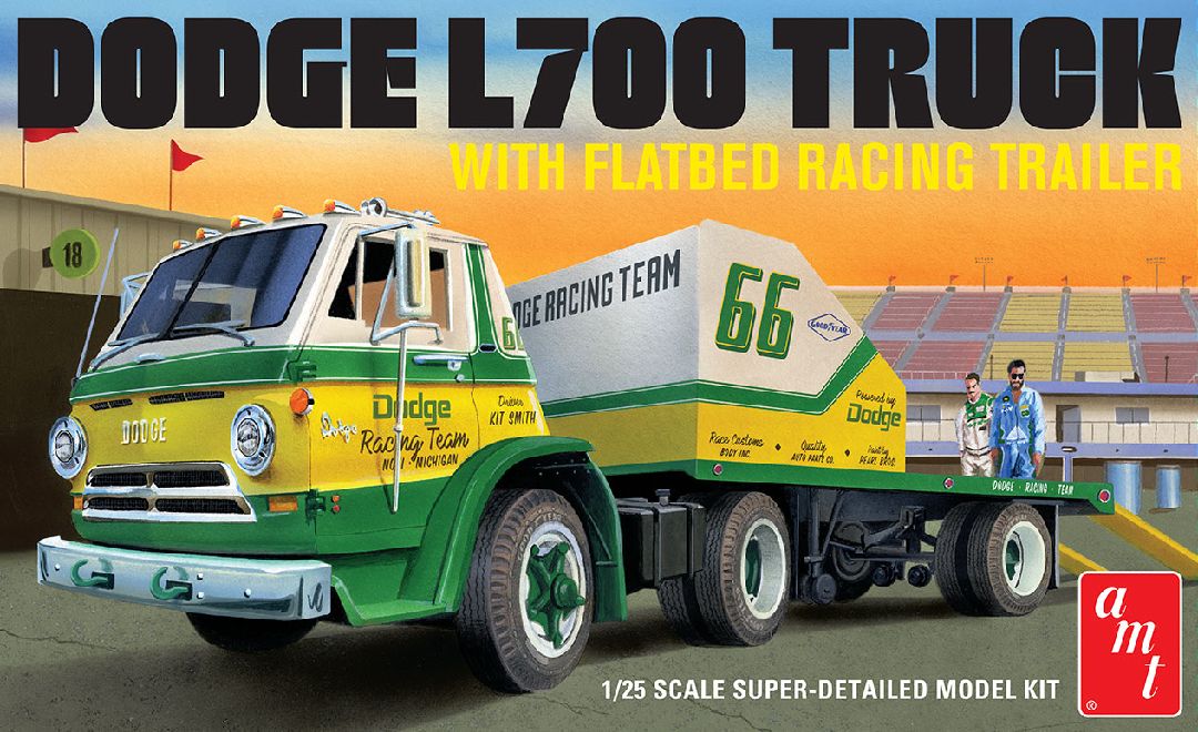 AMT 1/25 1966 Dodge L700 Truck w/ Flatbed Racing Trailer - Click Image to Close