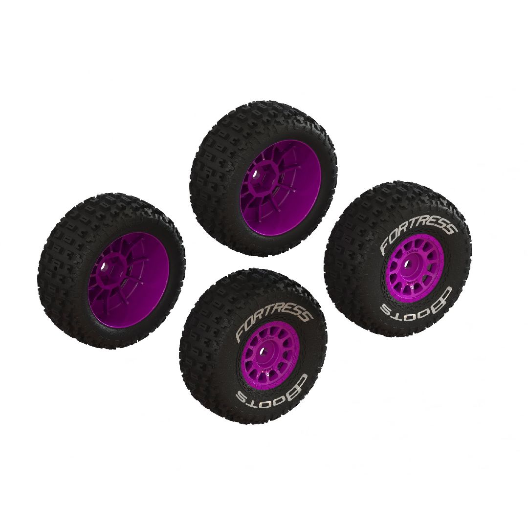 Arrma dBoots 'FORTRESS' Tire, 12mm Hex on 12 Spoke Purple Wheels (4)