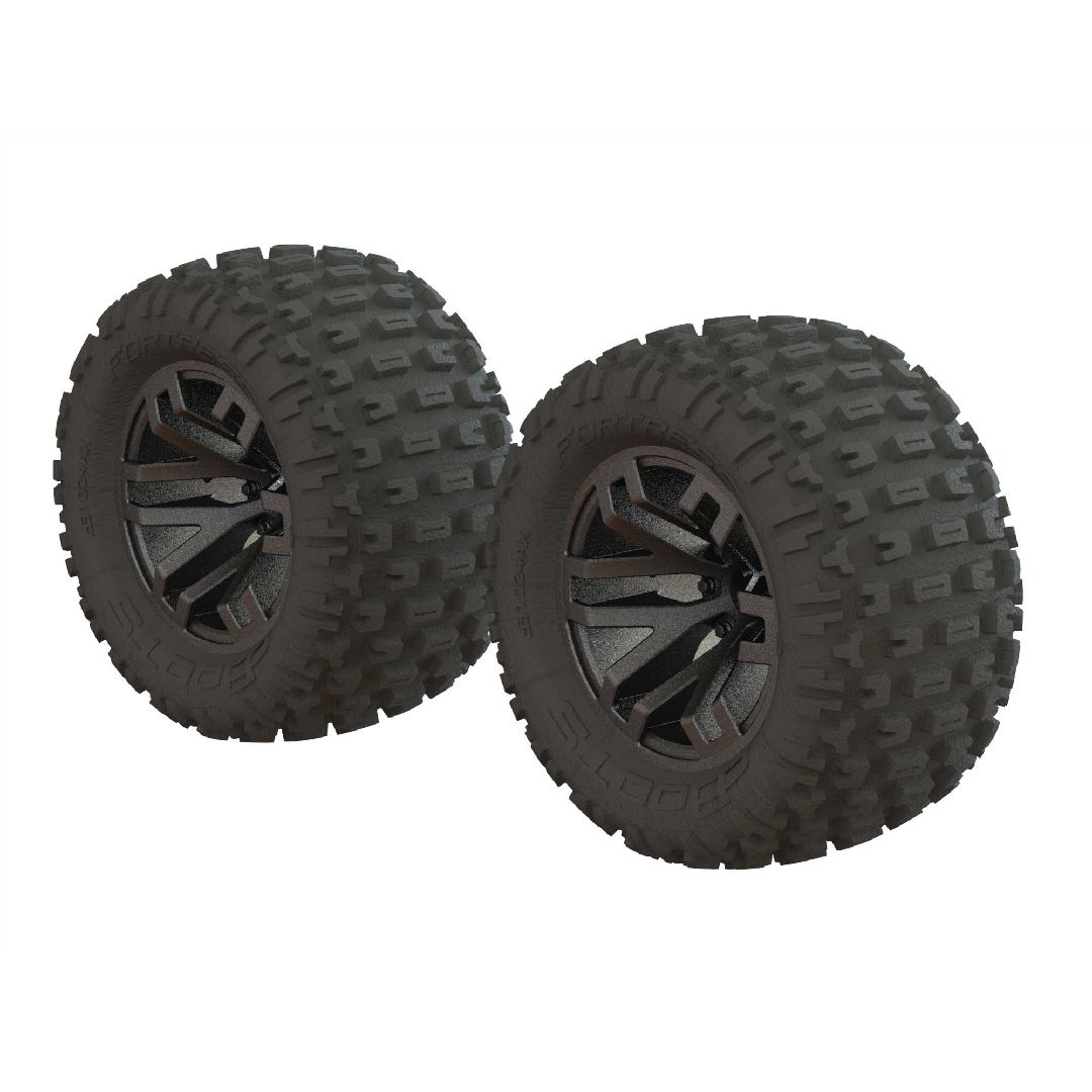 Arrma 'Fortress MT' Tire on Gun Metal Wheels, OD 5.0" (2)
