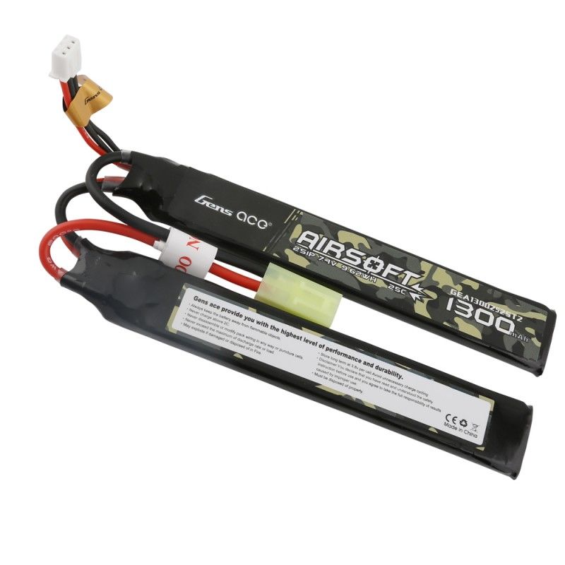 Gens Ace - 895 - Airsoft 1300mAh 2S1P 7.4V 25C 2X LiPo Tamiya Plug - Nunchuck (2 cell + 1 cell) 122x20x5mm