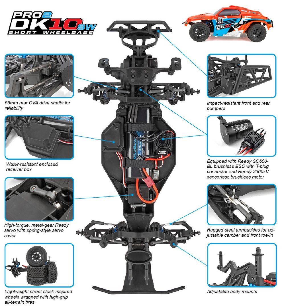 Team Associated Pro2 DK10SW Dakar Buggy RTR LiPo Combo Orng/Blue - Click Image to Close