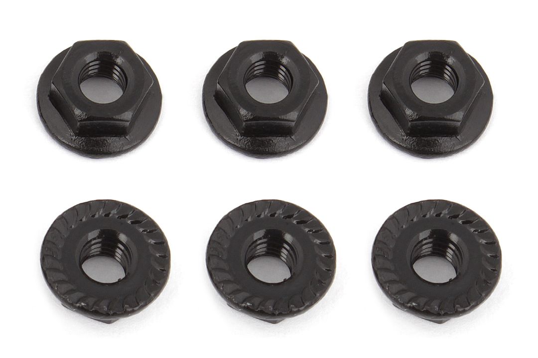 Team Associated Wheel Nuts, M4 Serrated flanged, black steel (6)