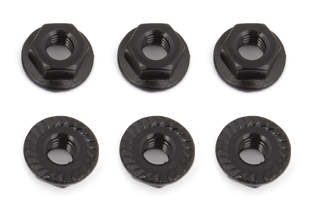 Team Associated Wheel Nuts, M4 Serrated flanged, black steel (6) - Click Image to Close