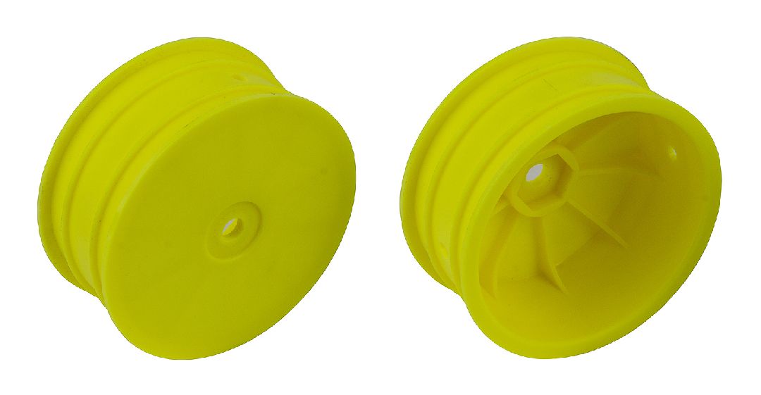 Team Associated 4WD Front Wheels, 2.2", 12mm hex, +1.5mm, Yellow - Click Image to Close