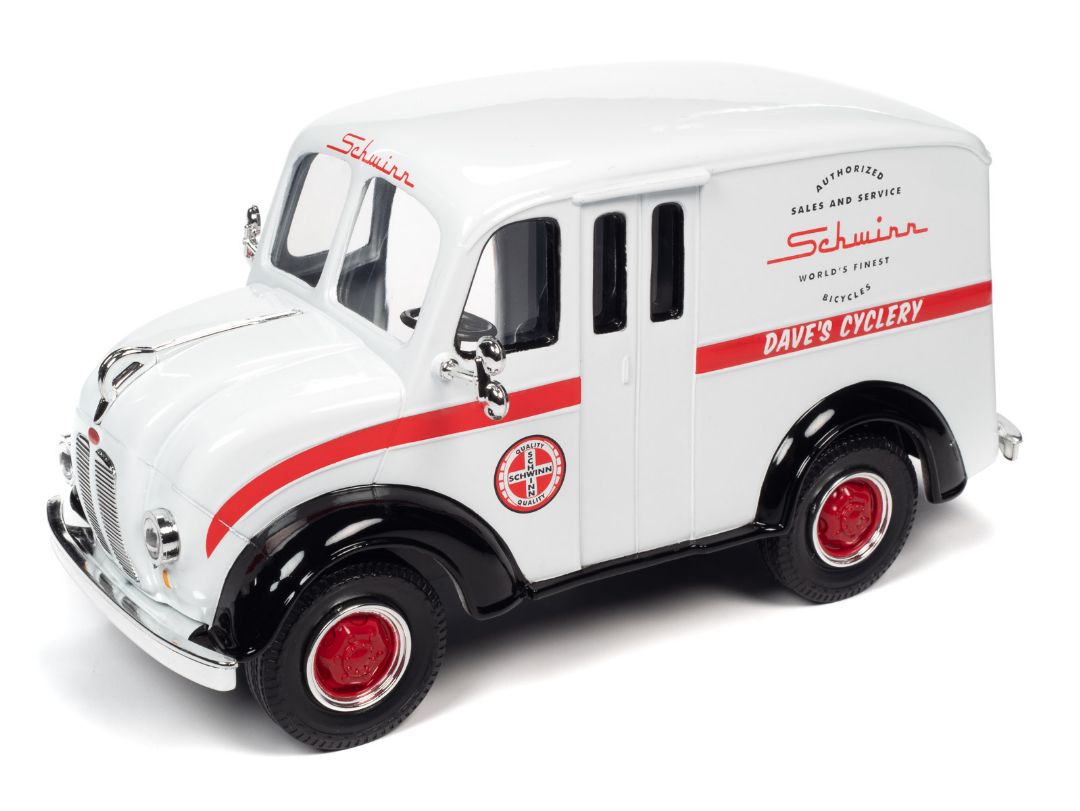 Auto World 1/24 1950 Divco Delivery Schwinn Show Truck - Gloss White w/Gloss Black fenders & Red Stripe.  Schwinn graphics on truck.