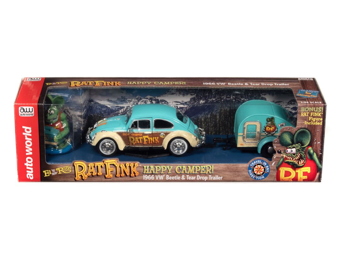 Auto World 1/24 Rat Fink 1966 VW Beetle With Tear Drop Trailer - Click Image to Close