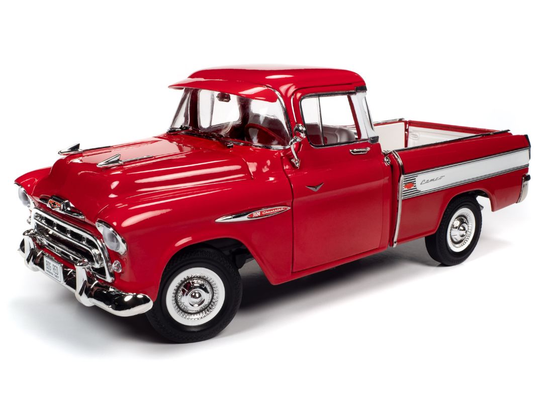 Auto World 1/18 1957 Chevrolet Cameo Pickup - Cardinal Red with White Side Panel Trim