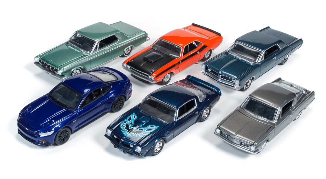 Auto World 1/64 1963 Dodge Polara / 1964 Plymouth Barracuda / 1964 Pontiac Grand Prix / 2015 Ford Mustang GT / 1970 Dodge Challenger T/A / 1975 Pontiac Firebird T/A