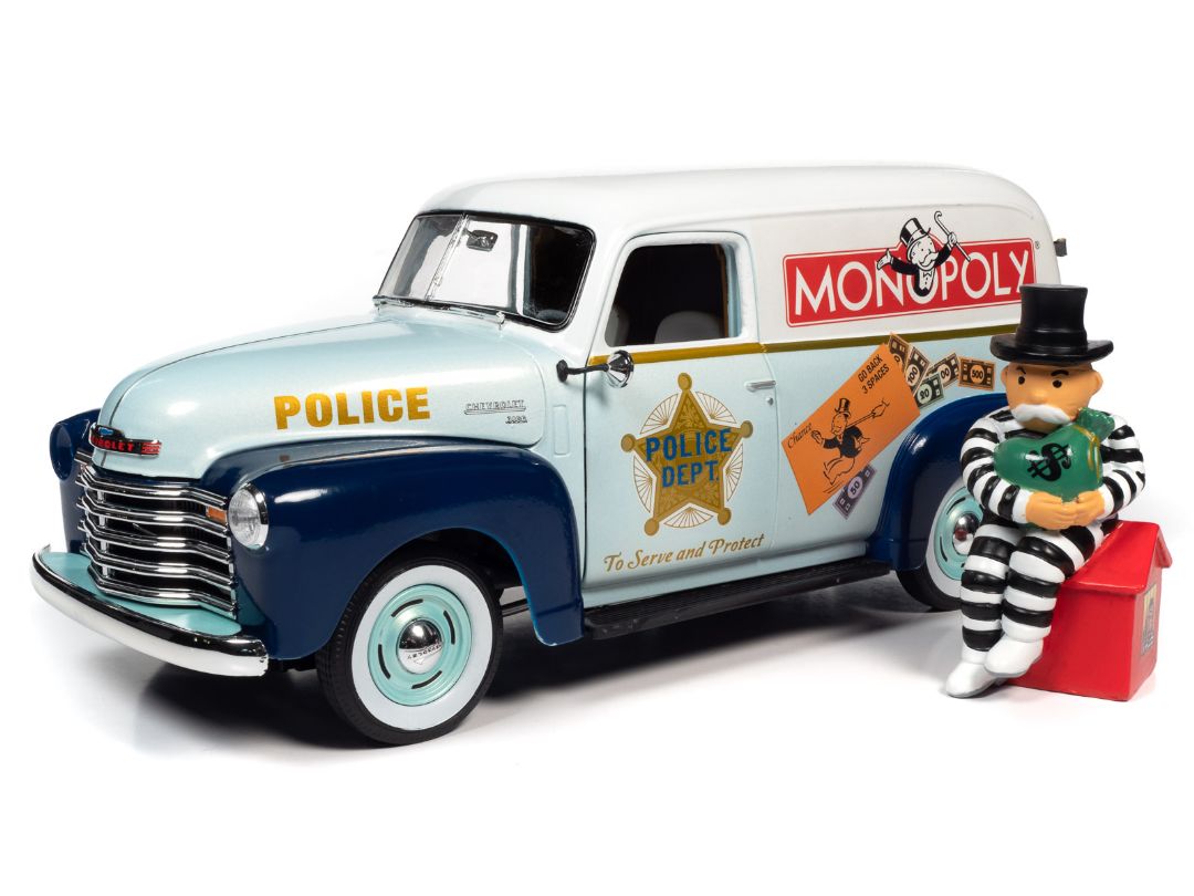 Auto World 1/18 Monopoly 1948 Chevrolet Panel Delivery w/ Resin Figure - Light Green Body w/ White Roof & Blue Fenders Monopoly Graphics