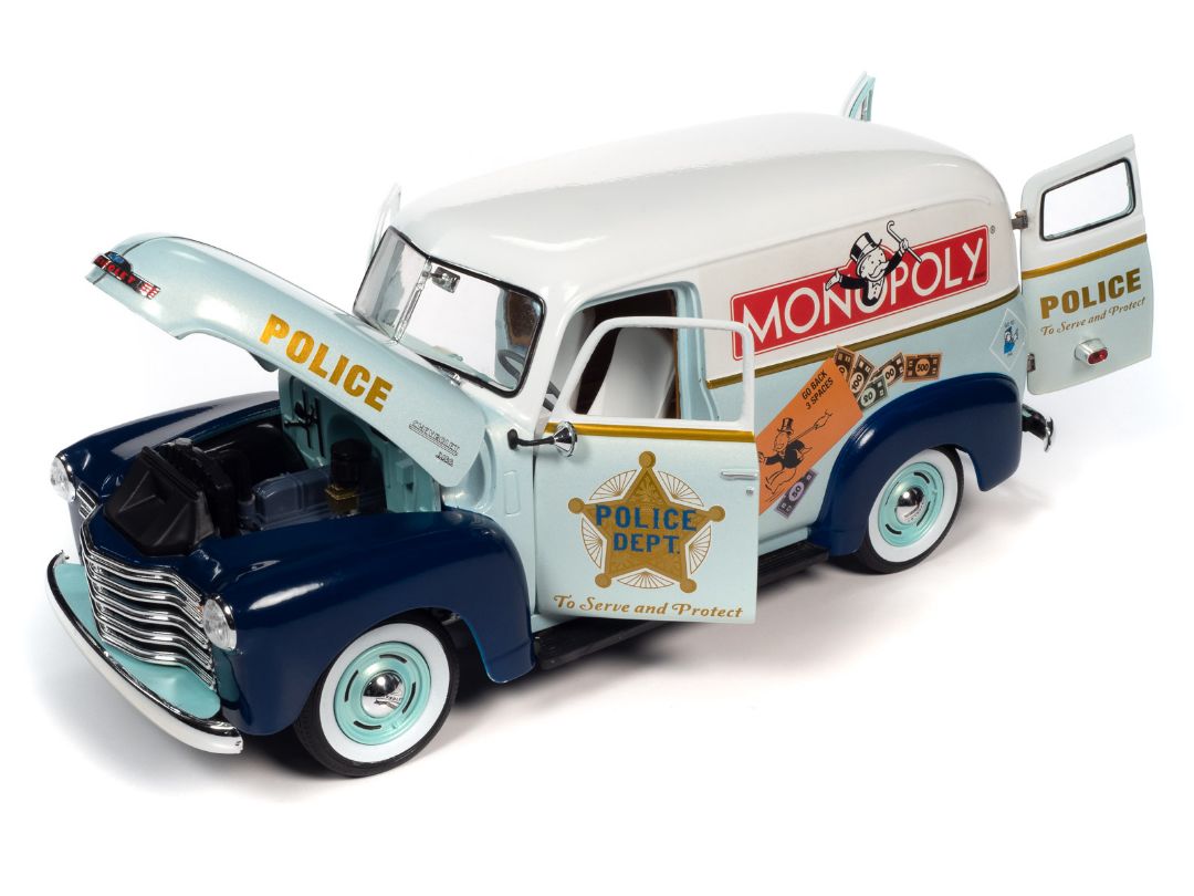Auto World 1/18 Monopoly 1948 Chevrolet Panel Delivery w/ Figure - Click Image to Close