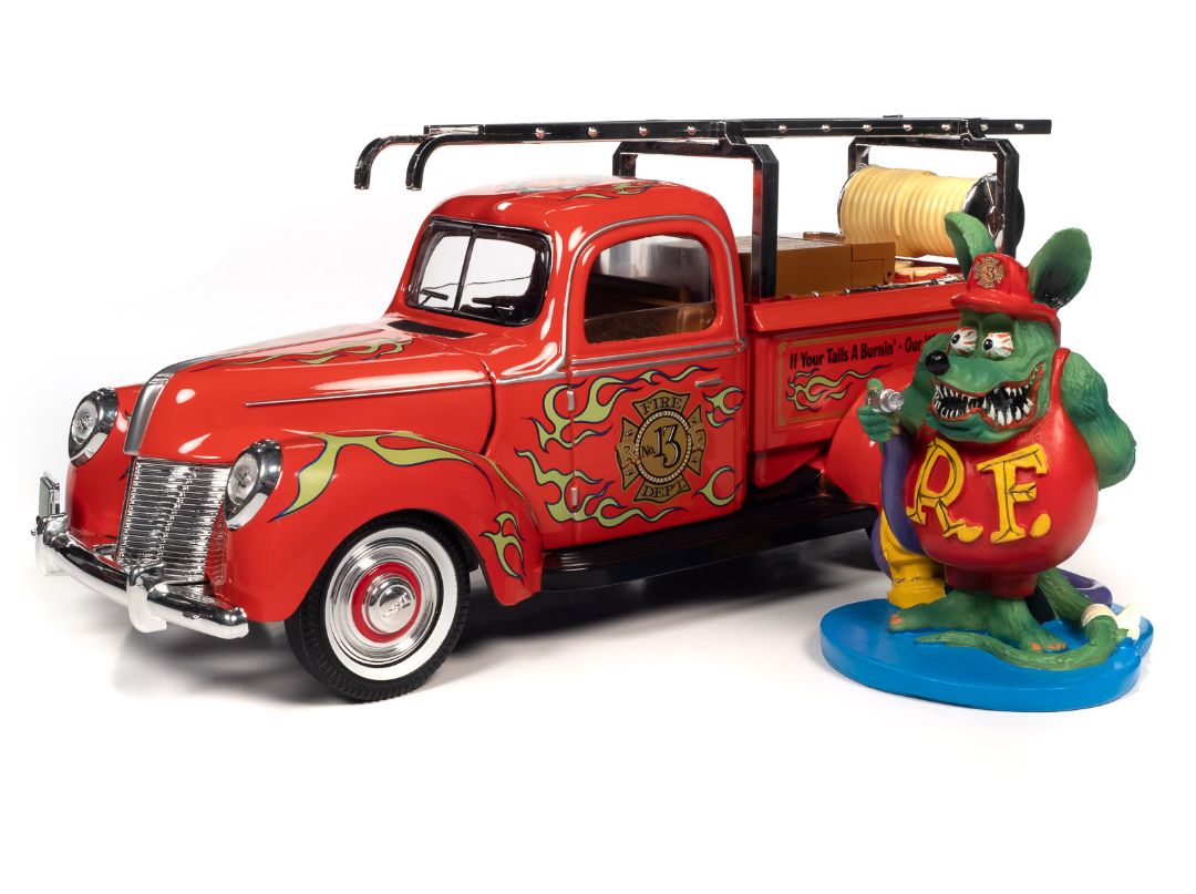 Auto World 1/18 Rat Fink Fire Truck with Resin Figure - Red - Click Image to Close