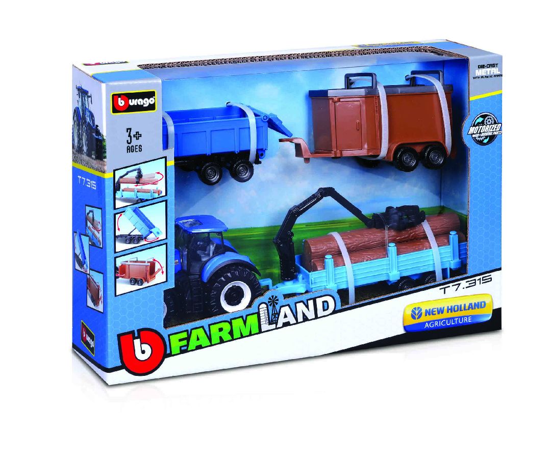 Bburago Farmland 10cm Moto. Tractor with 3 Trailers Gift Set (6 Pack)