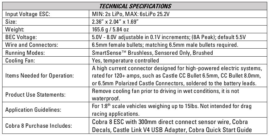 Castle Creations Cobra 8 ESC, 25.2V ESC