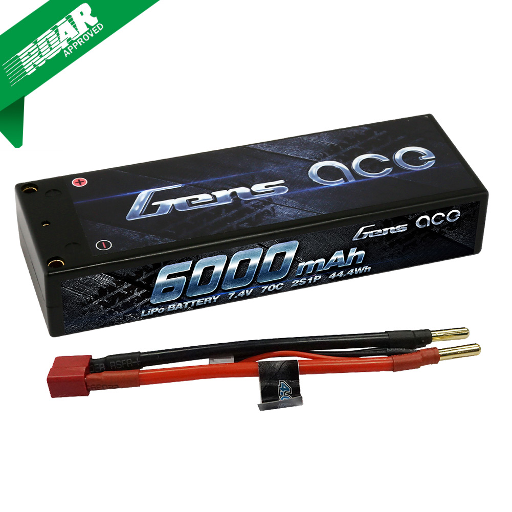 Gens Ace - 051 - 6000mAh 2S1P 7.4V 70C LiPo 4.0mm Bullets Hard Case 138x46x25mm