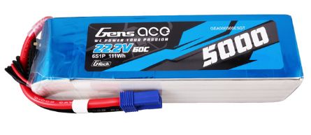 Gens Ace - 1733 - G-Tech 5000mAh 6S1P 22.2V 60C LiPo Battery Pack with EC5 Plug Soft Pack (165x45x47mm +/- Manufacturer's Specifications)