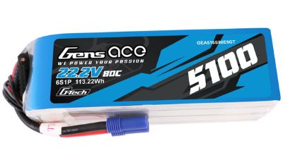 Gens Ace - 1734 - G-Tech 5100mAh 6S1P 22.2V 80C LiPo Battery Pack with EC5 Plug Soft Pack (150x49x51mm +/- Manufacturer's Specifications)