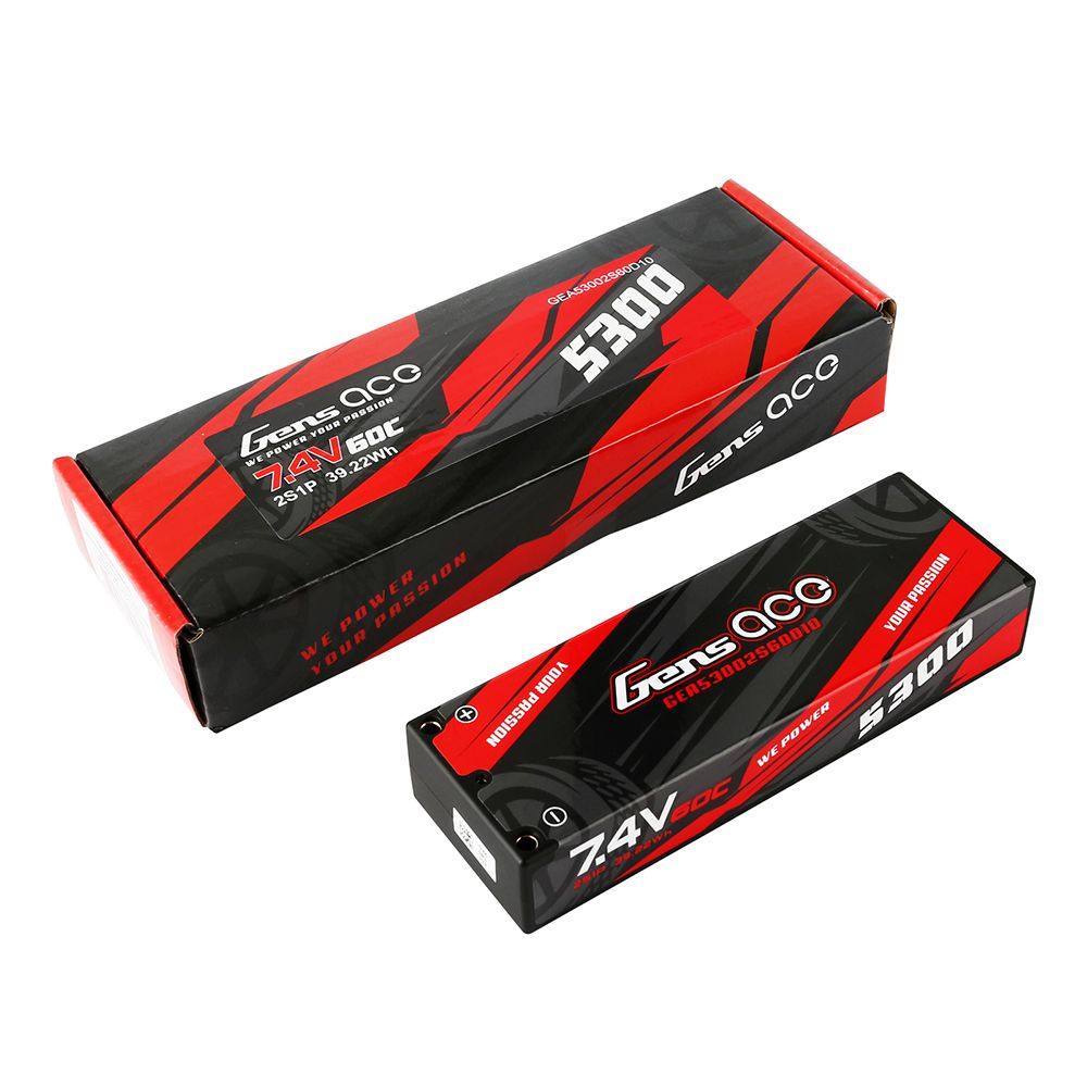 Gens Ace 2S 5300mAh 60C Hard Case LiPo Battery - 4.0mm Bullets - Click Image to Close