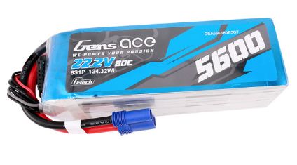 Gens Ace - 1735 - G-Tech 5600mAh 6S1P 22.2V 80C Lipo Battery Pack with EC5 Plug Soft Pack (164.5x45x47mm +/- Manufacturer's Specifications)