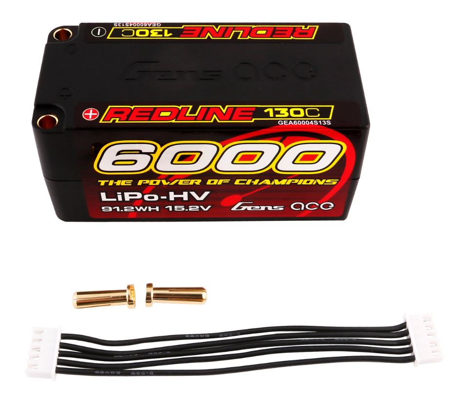 Gens Ace - 1513 - Redline Series 6000mAh 15.2V 130C 4S2P Hard Case HV Lipo Battery Pack with 5mm Bullet 98x47x47mm