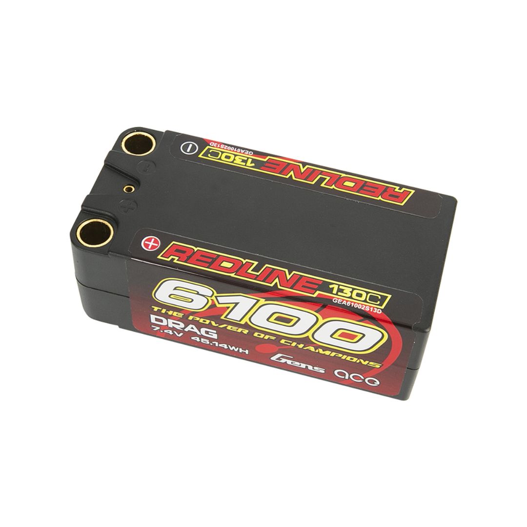 Gens Ace - 1217 - Redline 6100mAh 7.4V 130C 2S2P Hard Case Shorty LiPo Battery with 8mm Bullets for Drag Race Car 96x46x35mm