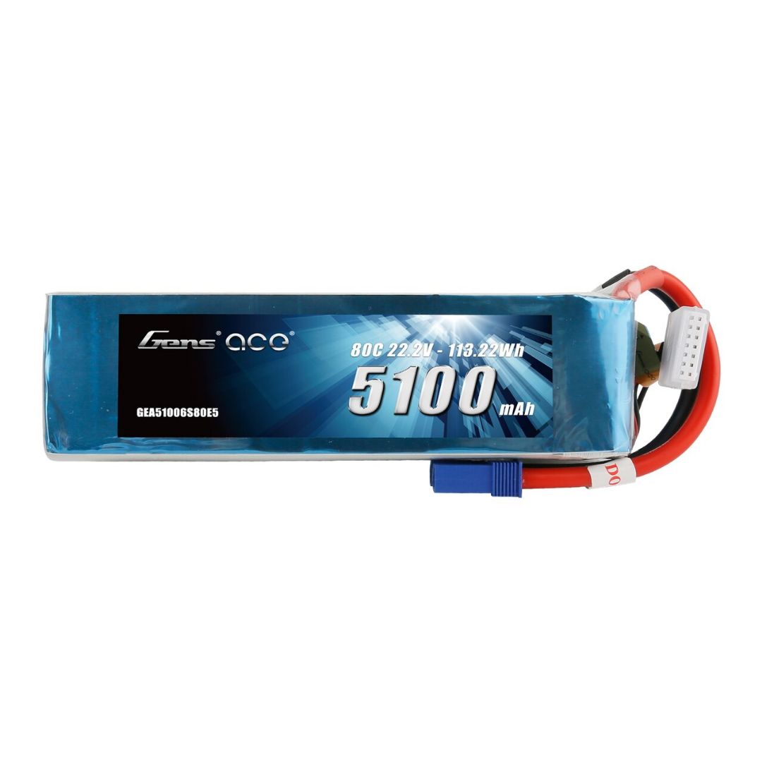 Gens Ace 5100mAh 6S1P 22.2V 80C LiPo EC5 Plug Soft Case - Click Image to Close