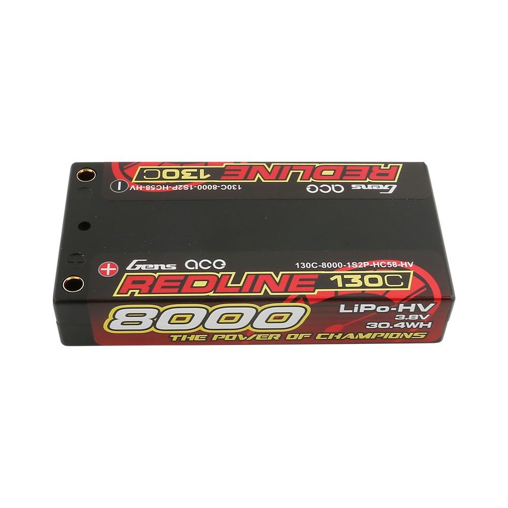 Gens Ace - 874 - Redline Series 8000mAh 3.8V 130C 1S2P Hard Case HV Lipo Battery Pack with 4mm Bullet 93x47x18mm