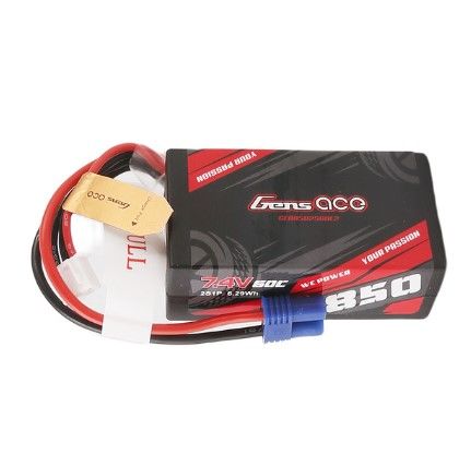 Gens Ace 850mAh 7.4V 60C 2S1P LiPo Battery Pack with EC2 Plug - Click Image to Close