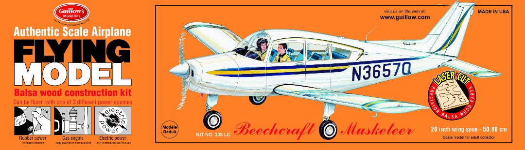 Guillow's 1/20 Beechcraft Musketeer Laser Cut Model Kit (1) - Click Image to Close