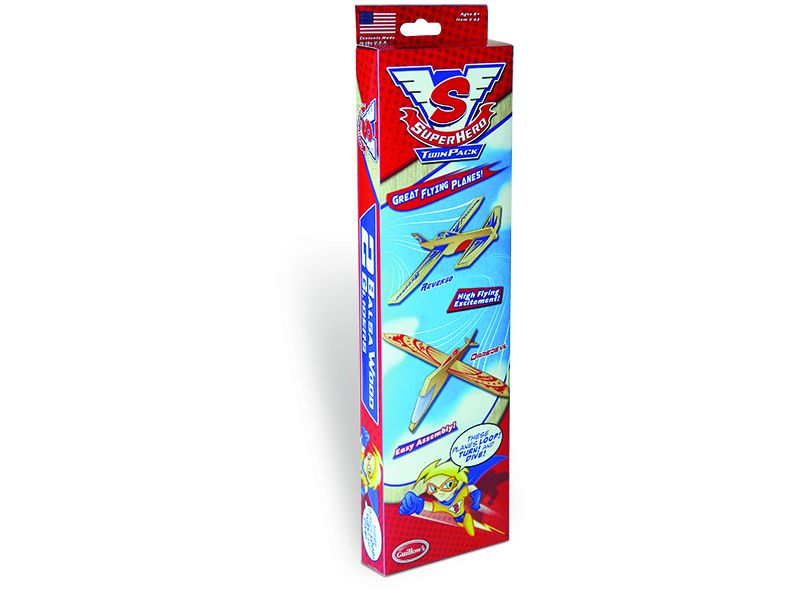 Guillow's Super Hero Twin Pack Balsa Glider x12 Store Display(2) - Click Image to Close