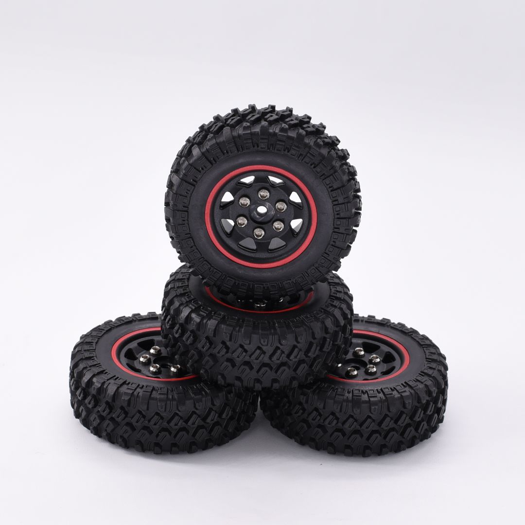 Hobby Details 1.0'' Pre-mounted Wheel & Tire Set (4) Black Plastic Wheel with Red Stripe