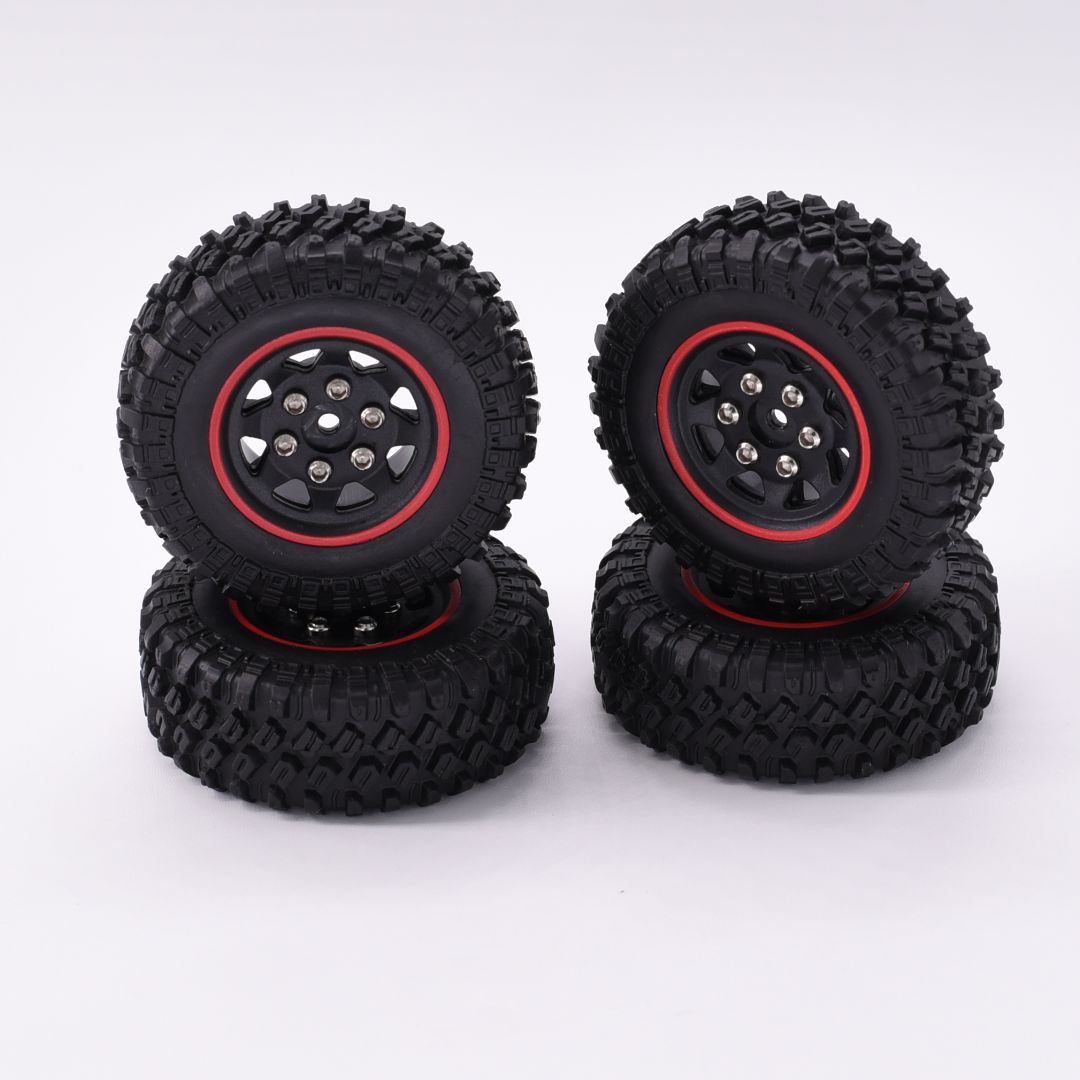 Hobby Details 1.0'' Pre-mounted Wheel & Tire Set (4) Red Stripe