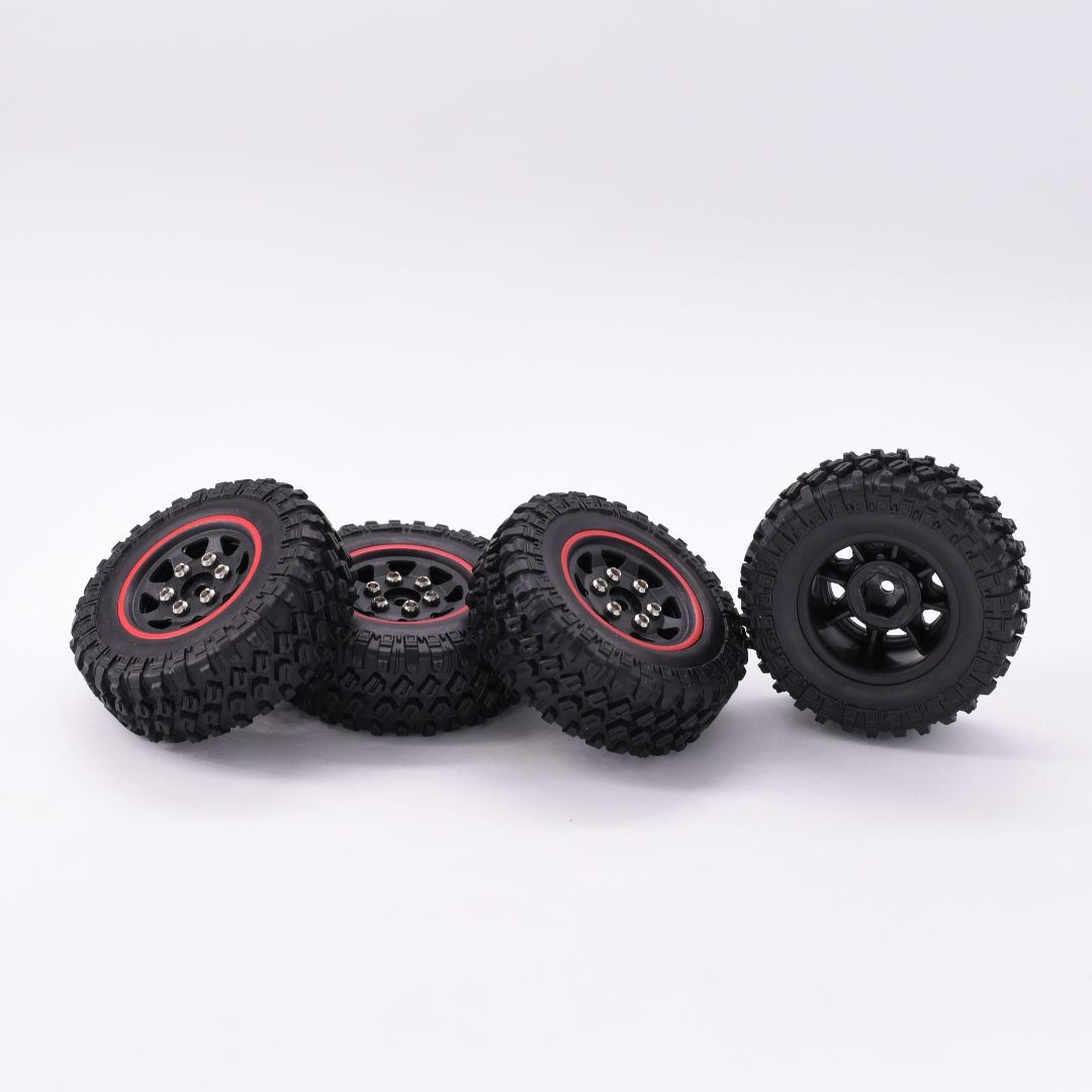 Hobby Details 1.0'' Pre-mounted Wheel & Tire Set (4) Red Stripe