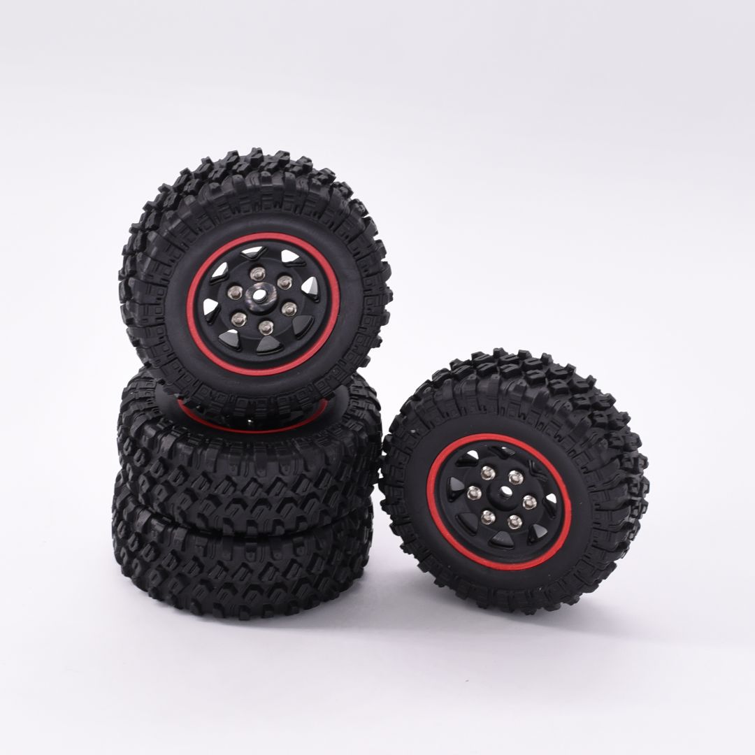 Hobby Details 1.0'' Pre-mounted Wheel & Tire Set (4) Red Stripe - Click Image to Close
