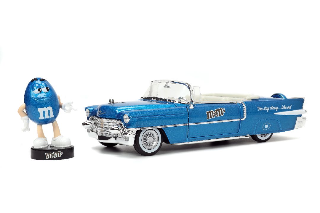 Jada 1/24 "Hollywood Rides" 1956 Cadillac with BLUE M&Mâ€™s - Click Image to Close