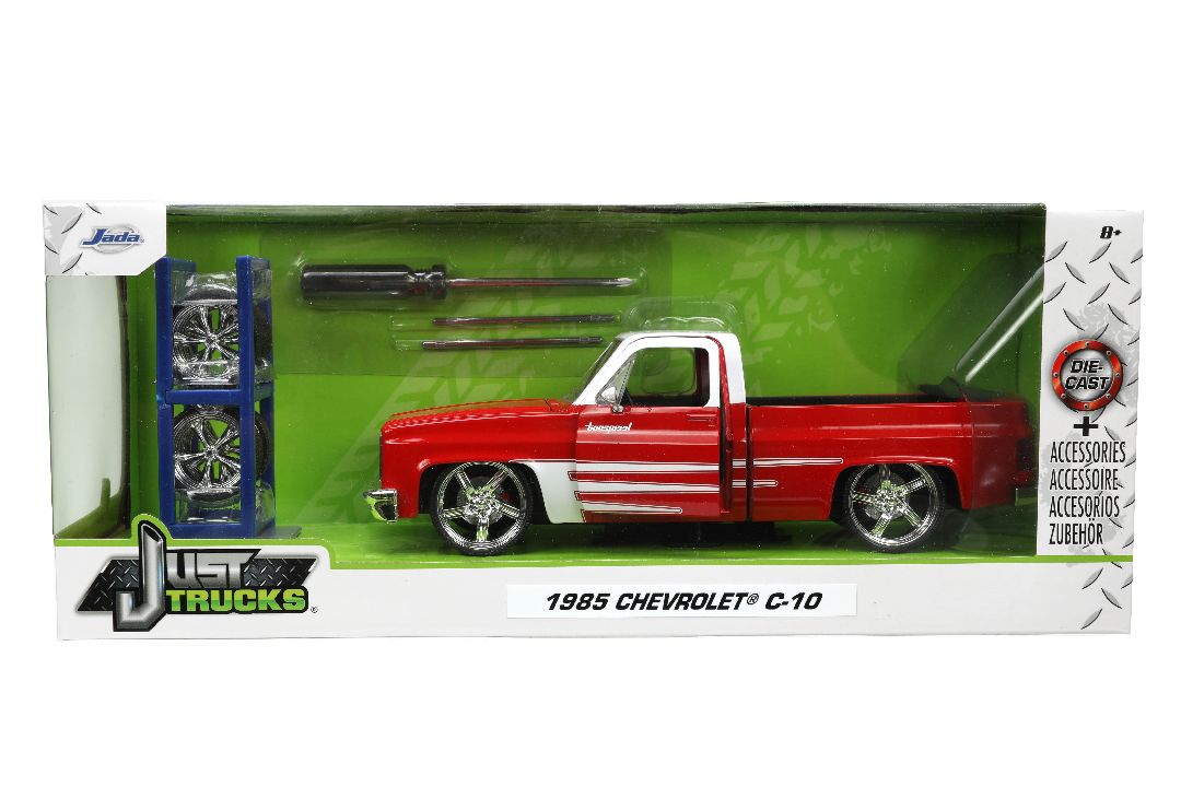 Jada 1/24 "Just Trucks" with Rack 1985 Chevy C10 - Glossy Red/Wh - Click Image to Close