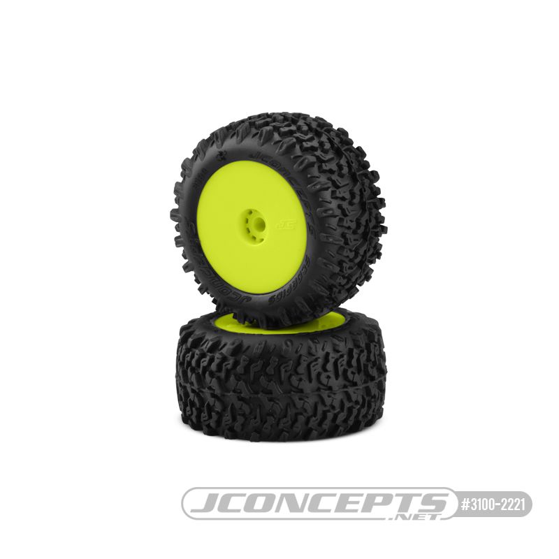 JConcepts Scorpios - Green Compound - Pre-mounted, Yellow Wheels (Fits - Losi Mini-T 2.0 | Mini-B Rear)