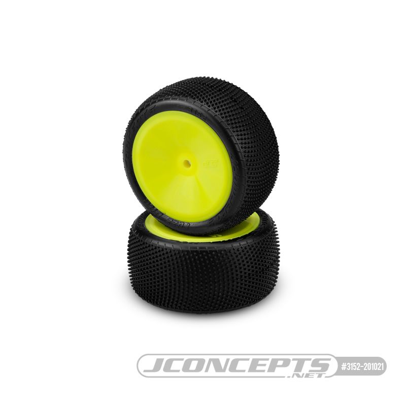 JConcepts Fuzz Bite LP Pink Compound Pre-Mounted on 3348Yellow Wheels. Fits – 1/10th Rear 2wd and 4wd Vehicles