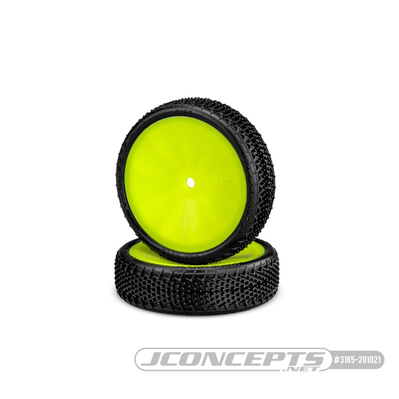JConcepts Fuzz Bite LP 2wd Front - Pre-Mounted on 3376Yellow Wheels. Fits – 1/10th Front 2wd Vehicles