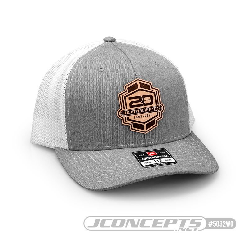 JConcepts 20th Anniversary 2023 Hat - Round Bill, Mesh, Snap-Back Design - White/Gray