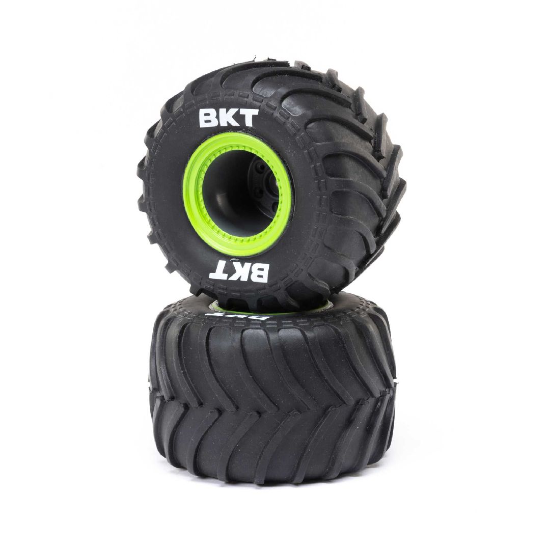 Losi MT Tires, Green Beadlock, Premount (2): Mini LMT