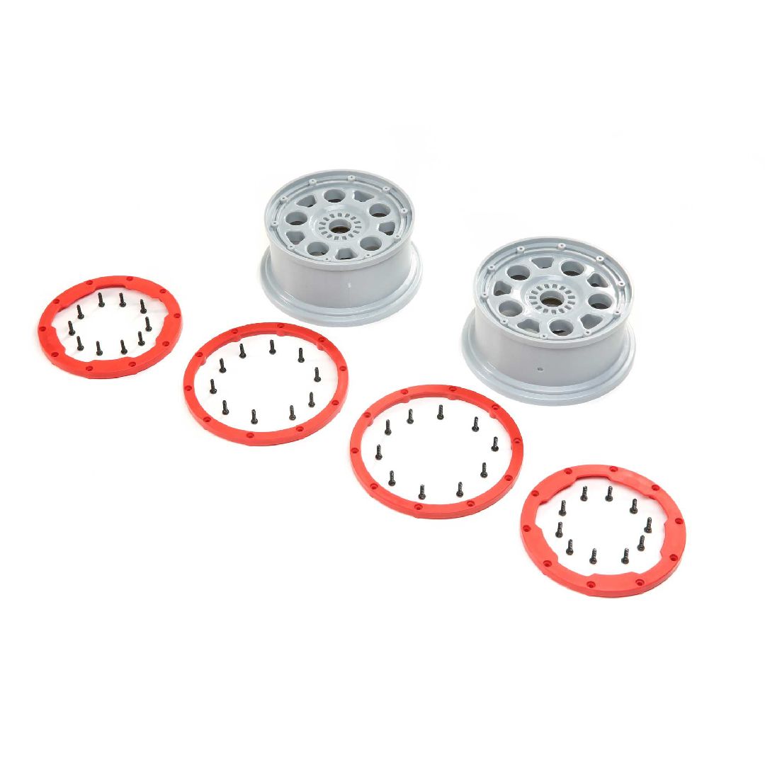 Losi 1/5 Wheels, Silver, Red Beadlock, 24mm Hex (Front/Rear)(2)