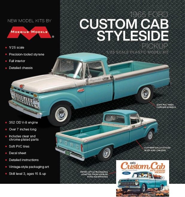 Moebius 1965 Ford Custom Cab Styleside Pickup 1/25 Model Kit - Click Image to Close