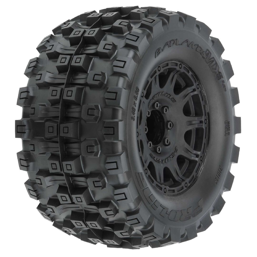 Pro-Line Badlands 3.8" BELTED Tires on Black Rem Hex Wheels (2)