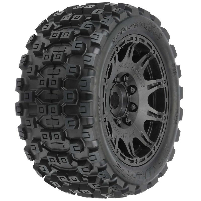 Pro-Line Badlands MX57 Mounted on Raid 5.7" Black Wheels (2) - Click Image to Close