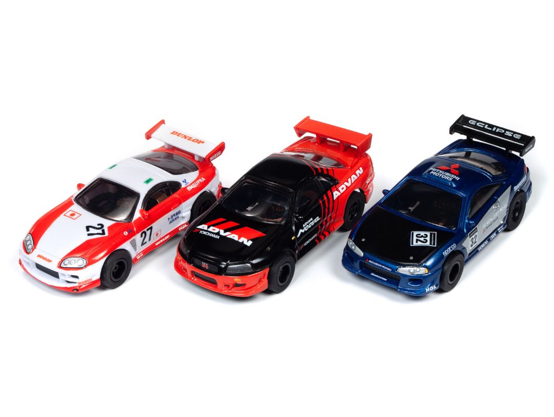 X-Traction Slot Cars - Import Heat - Release 28 - 1999 Nissan Skyline * 1995 Mitsubishi Eclipse * 1994 Toyota Supra (12 cars)