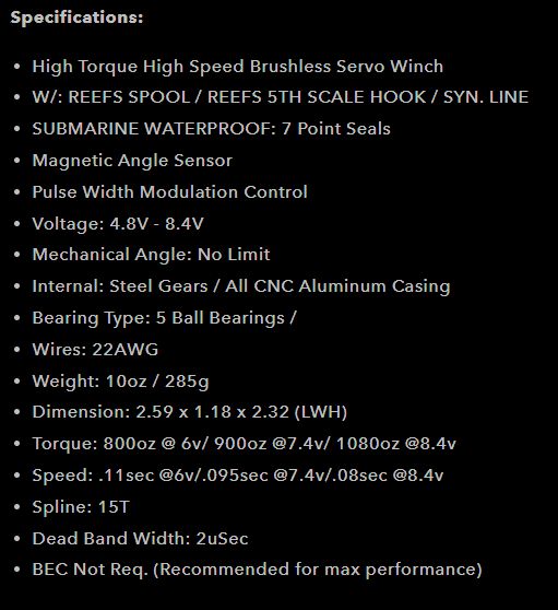 Reefs BEAST 1000 1/5th Servo Winch Submarine-1080oz 0.08sec@8.4V