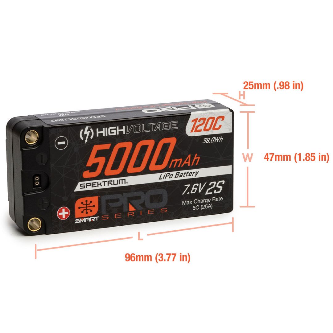 Spektrum 5000mAh 2S 7.6V Smart Pro Race HV LiPo 120C: 5mm