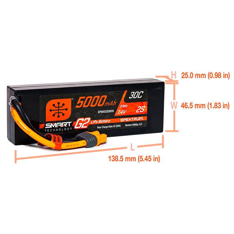 Spektrum 5000mAh 2S 7.4V Smart G2 LiPo 30C Hard Case; IC3