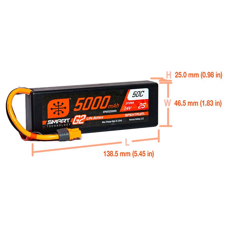 Spektrum 5000mAh 2S 7.4V Smart G2 LiPo 50C Hard Case; IC3